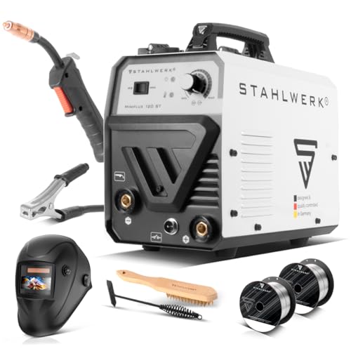 STAHLWERK Schweißgerät Vollausstattung Mini FLUX 120 ST - Fülldraht, ohne Schutzgas, synergischer Drahtvorschub für...