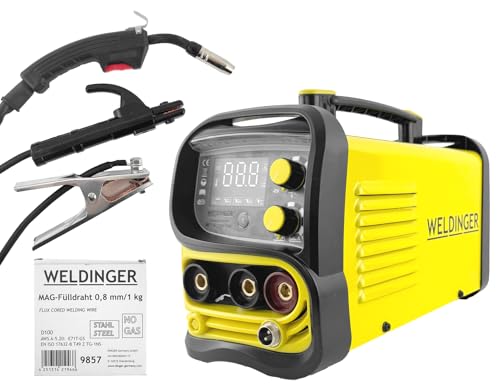 WELDINGER ME 130 mini Flux ECO Fülldrahtschweißgerät + 1 kg Fülldraht + Fülldraht-Gasdüse + Stromdüsen MMA...