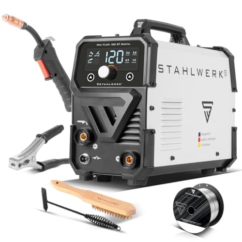 STAHLWERK Schweißgerät Mini FLUX 120 ST Digital – Fülldrahtschweißen (FLUX) ohne Schutzgas bis 120 A, kompakt,...
