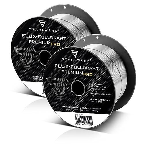 STAHLWERK 2 x MIG/MAG Premium Schweißdraht Ø 0,8 mm, FLUX Fülldraht E71T-GS, auf 1kg D100 Drahtrolle mit 16mm Dorn,...