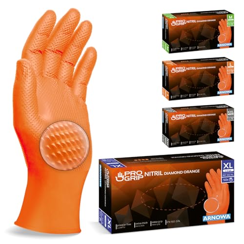 PROGRIP Einweghandschuhe Diamant Grip, Orange, Einmalhandschuhe Extra Stark, Nitrilhandschuhe Gr. XL, 2x dicker,...
